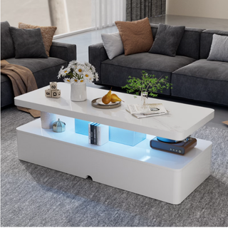 Easoger Modern Stylish Coffee Table with 16 Colors LED Lights, Double-Layer Design for Living Room, White High Gloss Acrylic