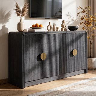 Easoger 55" Fluted Buffet Sideboard Cabinet, Modern Mid Century Console Cabinet with Adjustable Shelves & Wavy Grain Doors for Living Room, Black Walnut