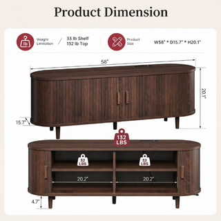 Easoger 58" Sliding Door TV Stand with Charging Station, Fluted Vertical Grille Wood Entertainment Center, Curved Oval Shape Storage Cabinet,Brown