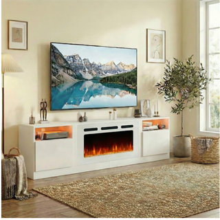 Easoger 90” Fireplace TV Stand for TVs up to 98", TV Stand with 36'' Electric Fireplace, LED Lights Entertainment Center, TV Console, White