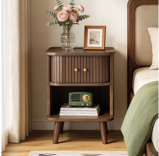 Easoger Set of 2 Fluted Walnut Nightstands with Charging Station, Mid-Century Modern Bedside Tables with Sliding Tambour Doors, Storage Cabinet & Open Shelf for Bedroom