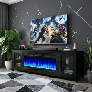 Easoger Fireplace TV Stand for TVs up to 90", 80" TV Stand with 50" Electric Fireplace, Entertainment Center with Glass Doors, Black