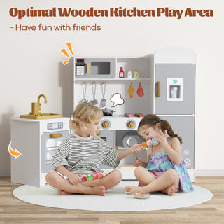 Kids Play Kitchen Set, Pretend Wooden Play Kitchen with Stove, Oven, Sink, Ice Maker, and Accessories, Chef Pretend Play Set with Real Lights & Sounds, Gift for Kids Toddlers