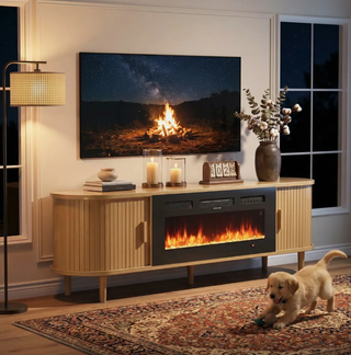 Easoger 70" Fluted Fireplace TV Stand, Mid Century Modern Entertainment Center with 36" Electric Fireplace for TVs up to 75", Console with Sliding Doors & Solid Wood Legs for Living Room,Oak