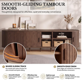 Easoger 80" Curved Oval Sliding Door TV Stand with Built-in Charging Station, Fits Up to 85 Inch TV, Walnut Wood Grain Media Console for Living Room Bedroom