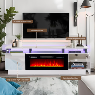 Easoger Fireplace TV Stand, Entertainment Center for TVs up to 80", 70” TV Stand with 36'' Electric Fireplace, LED Lights Entertainment Center, TV Console, White