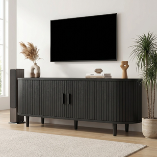 Easoger 58" Sliding Door TV Stand with Charging Station, Fluted Vertical Grille Wood Entertainment Center, Curved Oval Shape Storage Cabinet,Black