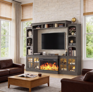 Easoger 98" Wall Unit Entertainment Center with 3-Sided Electric Fireplace, Farmhouse TV Stand for TVs Up to 70", Large Storage with Glass Doors & Shelves, Gray
