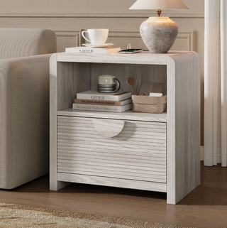 Easoger 1-Drawer Nightstand with Charging Station, Modern Wood Bedside Table with USB Ports & Outlets, Sturdy Slatted Design for Bedroom Living Room, Gray