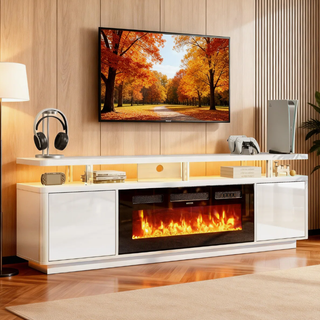 Easoger 70" 2-Tier TV Stand with 36" Electric Fireplace, Modern Entertainment Center with LED Lights & Acrylic Legs, Media Console for TVs up to 80" for Living Room,White