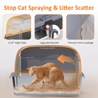 Large Stainless Steel Cat Litter Box with Scoop and Mat Set - Odor, Stain and Rust Resistant, Gray