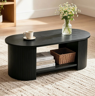 Easoger 47" Oval Coffee Table with 2-Tier Storage, Mid-Century Modern Center Table with Fluted Pedestal Base, Wooden Side Table for Living Room, Home Office