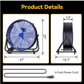Osoeri 24 inch Industrial Drum Fan, 3 Speed 9460 CFM Heavy Duty Metal Cooling Floor Fan , 360° Tilt for Shop Outdoor, Patio, Warehouse, Commercial, Basement High Speed Fan-Blue