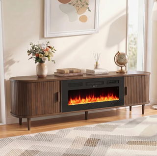 Easoger 80 inch Electric Fireplace TV Stand for 90 inch TVs, Modern Entertainment Center with Storage Shelves, Remote Control Adjustable Flame & Heat for Living Room,Walnut