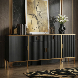 Easoger 60" Sideboard Buffet Cabinet with Gold Accents, Modern Fluted Storage Cabinet for Living Room Dining Room, Adjustable Shelves,Black
