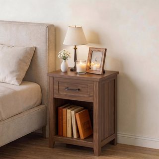 Easoger Farmhouse Nightstand Set of 2 with Charging Station & Large Storage, End Tables with Outlets & USB Ports for Bedroom, Walnut