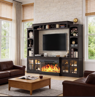 Easoger 98" Wall Unit Entertainment Center with 3-Sided Electric Fireplace, Farmhouse TV Stand for TVs Up to 70", Large Storage with Glass Doors & Shelves, Black