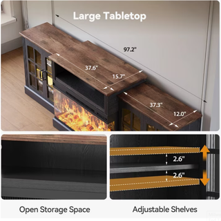 Easoger 97" TV Stand with Electric Fireplace, 3-Sided Glass Display Media Console for Over 100" TVs, Large Storage with Glass Doors & Shelves, LED Backlight, Walnut + Black Oak