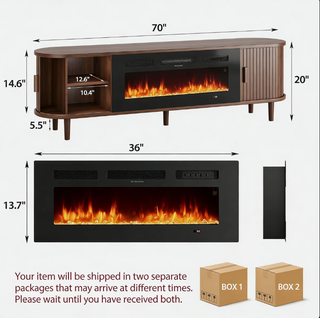 Easoger 70" Fluted Fireplace TV Stand, Mid Century Modern Entertainment Center with 36" Electric Fireplace for TVs up to 75", Media Console with Sliding Doors & Solid Wood Legs for Living Room.Walnut