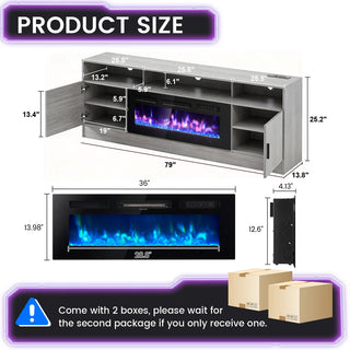 Easoger 80" Fireplace TV Stand, Gaming Media Console with 12 Color LED Backlights & 3 Outlets, Storage Shelves & Cabinets, Grey