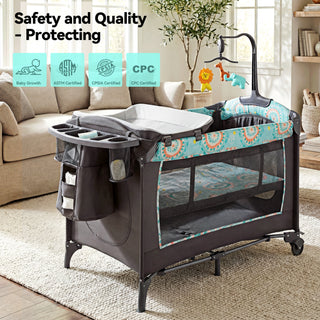 EVMORE Foldable Baby Bedside Bassinet, 5-in-1 Baby Bed Playard with Changing Table, Storage Shelf, Music for Newborn Toddlers, 0-36 Months