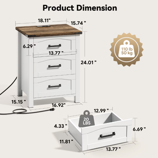 Easoger Farmhouse 3-Drawer Nightstands with Charging Station & USB-C, 18" Wide Rustic White Wood Bedside Table for Bedroom