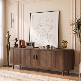 Easoger 65" Sliding Door TV Stand with Charging Station, Fluted Vertical Grille Wood Entertainment Center, Curved Oval Shape Storage Cabinet,Walnut