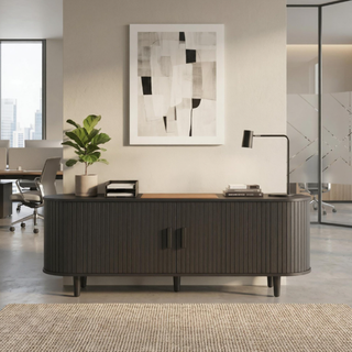 Easoger 65" Sliding Door TV Stand with Charging Station, Fluted Vertical Grille Wood Entertainment Center, Curved Oval Shape Storage Cabinet,Black