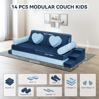 14pcs Modular Kids Play Couch, Child Sectional Sofa, Fortplay Bedroom and Playroom Furniture for Toddlers, Convertible Foam and Floor Cushion for Boys and Girls, Blue