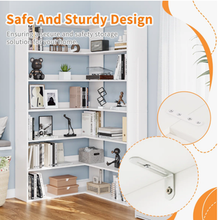 Easoger 35.2 inch 6-Tier Corner Bookshelf with Baffles, L-Shaped Tall Bookcase for Home Office, Space-Saving Storage Shelf with Anti-Tip Device for Bedroom Living Room, White