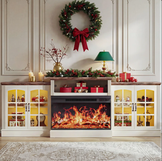 Easoger 97" TV Stand with Electric Fireplace, 3-Sided Glass Display Media Console for Over 100" TVs, Large Storage with Glass Doors & Shelves, LED Backlight, White + Light Walnut