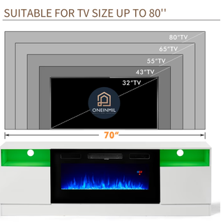 Easoger 70 inch Fireplace TV Stand, White TV Stand with Fireplace for TVs up to 80", 12 LED Colors