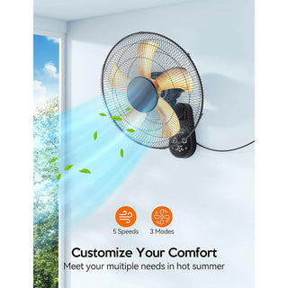 Easoger Wall Mount Fan, 16 Inch Wall Fan with 5 Speeds, 8 Hour Timer, 90° Oscillating Quiet Fans with Remote for Home Office Bedroom Living Room Garage (Black)