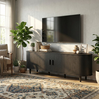 Easoger 70" Sliding Door TV Stand with Charging Station, Fluted Vertical Grille Wood Entertainment Center, Curved Oval Shape Storage Cabinet,Black