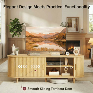 Easoger 58" Sliding Door TV Stand with Charging Station, Fluted Vertical Grille Wood Entertainment Center, Curved Oval Shape Storage Cabinet,Oak