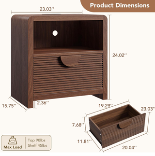Easoger 1-Drawer Nightstand with Charging Station, Modern Wood Bedside Table with USB Ports & Outlets, Sturdy Slatted Design for Bedroom Living Room, Walnut
