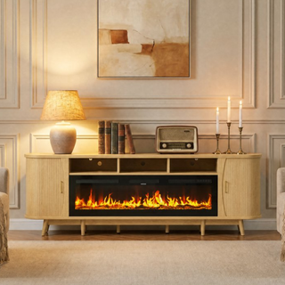 Easoger 97" Mid-Century Modern Fireplace TV Stand with 60" Electric Fireplace, 12 Color Flames & Dual Heat Settings, Large Entertainment Center for TV, Storage Cabinets & Shelves
