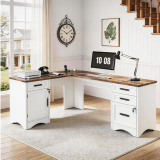 Easoger 67" L-Shaped Desk with Charging Station & Storage, Farmhouse Executive Office Desk with 4 Drawers & Locking File Cabinet, USB/Type-C Ports, White & Brown