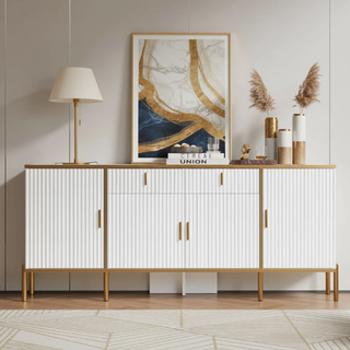 Easoger 60" Sideboard Buffet Cabinet with Gold Accents, Modern Fluted Storage Cabinet for Living Room Dining Room, Adjustable Shelves,White