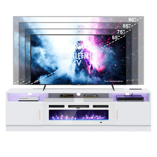 Easoger 80" Fireplace TV Stand, Gaming Media Console with 12 Color LED Backlights & 3 Outlets, Storage Shelves & Cabinets, White