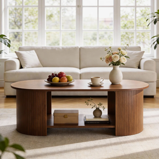 Easoger 42.5" Oval Coffee Table with 2-Tier Storage, Mid-Century Modern Center Table with Fluted Pedestal Base, Wooden Side Table for Living Room, Home Office,Walnut