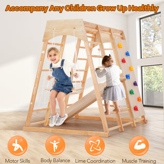 Indoor Baby Climbing Toys, Playground Jungle Gym Montessori Waldorf Style Wooden Toddlers Climber Playset for Children Kids 2-7 with Slide, Climbing Wall, Rope Wall Net, Swing, Ladder