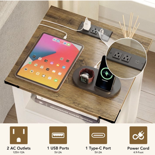 Easoger Farmhouse Nightstand with Charging Station, Modern End Tables with Drawer & Cabinet, USB & Type-C Ports, Wood Rustic Bedside Table for Bedroom, White + Walnut