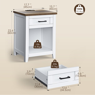 Easoger Farmhouse Nightstand with Charging Station & Large Storage, End Tables with Outlets & USB Ports for Bedroom, White + Walnut