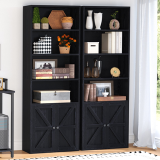 Easoger 6 Shelf Bookcase with Doors 71in Tall Bookshelf, Wooden Bookshelves with Cabinet Doors for Home Office, Black