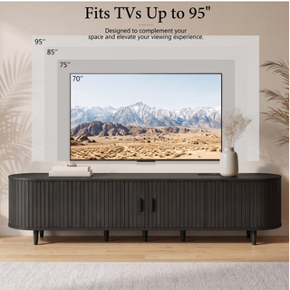 Easoger 90" Curved Oval Sliding Door TV Stand with Built-in Charging Station, Fits Up to 100 Inch TV , for Living Room Bedroom,Black