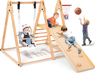Indoor Baby Climbing Toys, 7-in-1 Playground Jungle Gym Montessori Waldorf Style Wooden Toddlers Climber Playset, Basketball Hoop, Slide, Rock Climbing Wall for Children Kids