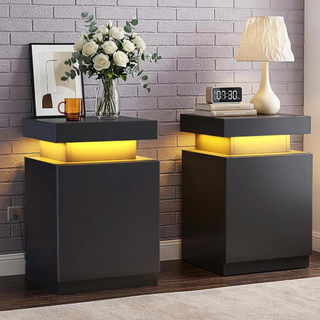 Easoger 17.7" Nightstand with Charging Station &amp; LED Lights, Modern Bedside Table with Sliding Top &amp; Hidden Storage, 2USB+2AC Outlets, Adjustable Shelf