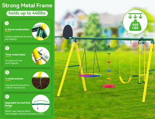 Metal Swing Sets for Backyard,Heavy-Duty Outdoor Kids Playsets for Playground,Outside Toys with Saucer Swing, Glider, Rope Swing, and Basketball Hoop for Aged 3-12