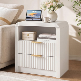 Easoger Set of 2 Fluted Nightstand with Charging Station, 19.7" Wide Bedside Table with USB & Type-C Ports, 2 Drawers & Open Shelf, Curved End Table for Bedroom
